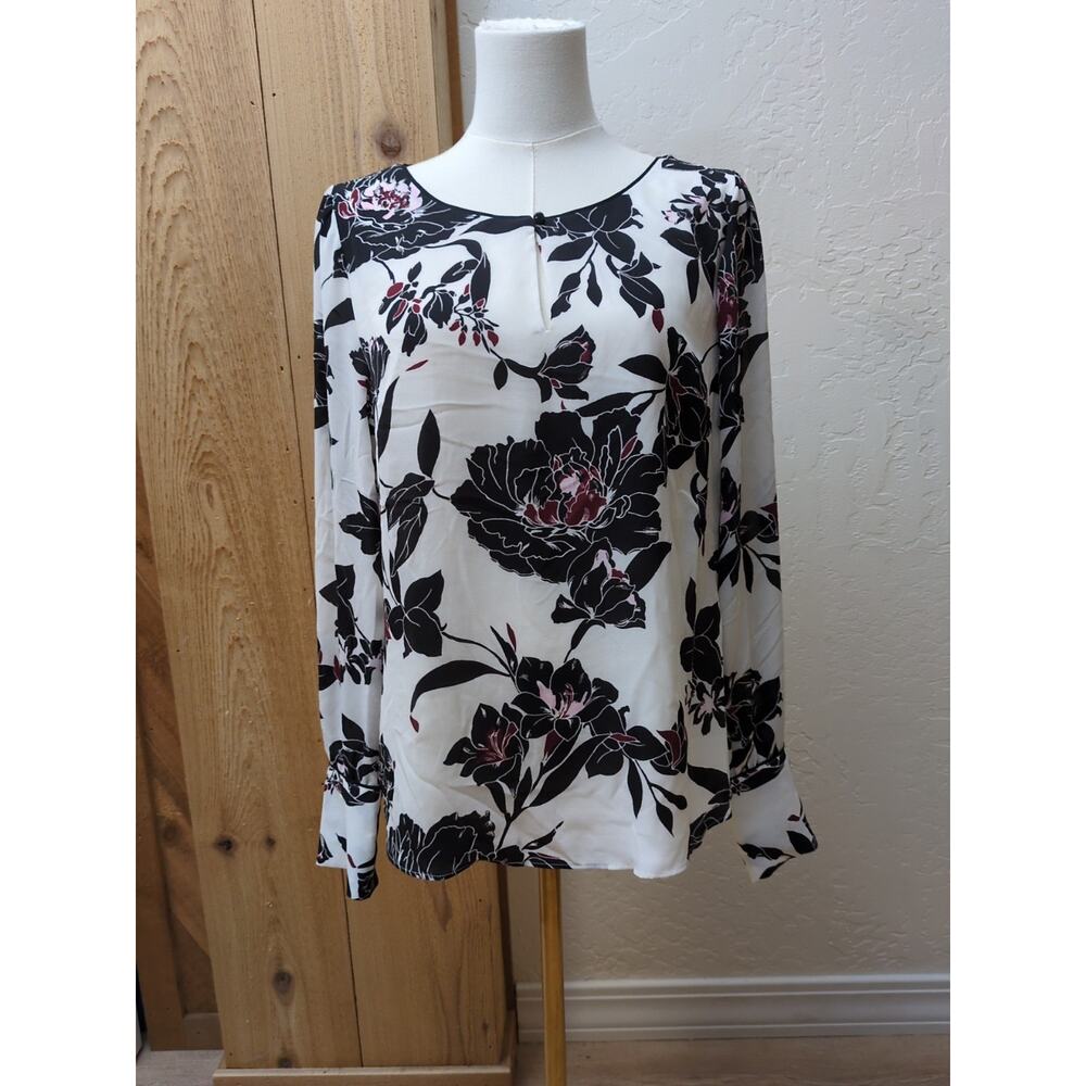 White House Black Market Floral Print Boho Blouse Size 6 Cream Multi Long Sleeve